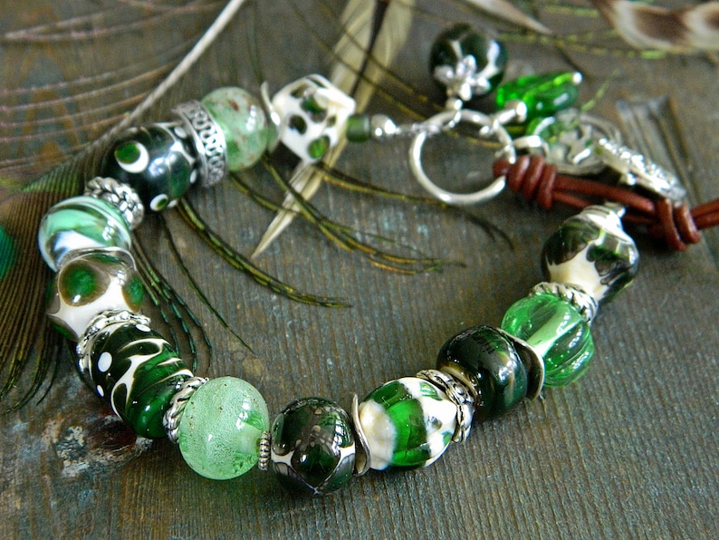 Green Lampwork bracelet Green Bohemian Lampwork bracelet Artisan glass bracelet Rustic Boho beaded bracelet Handmade glass beads,