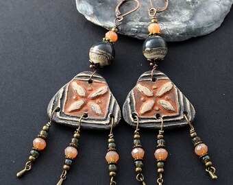 Rustic Artisan Lampwork earrings, Bohemian Tribal earrings, Gypsy dangles with ceramic,charms, Earthy color Boho earrings, Murano glass