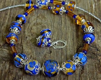 Dark Blue Lampwork necklace earrings set, Classic Romantic Handmade Murano glass Artisan made Summer jewelry