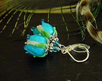 Turquoise Flower bud Lampwork earrings, Spring flower earrings with handmade glass, Murano dangles Floral