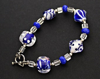Blue White Handmade Lampwork bracelet, Nautical bracelet, Artisan made Murano glass bracelet, Classic Art Glass bracelet, Gift for Woman