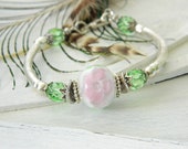 Artisan lampwork bracelet Romantic bangle with Handmade Lampwork focal Rose glass bead bracelet  Bridal bracelet with floral focal