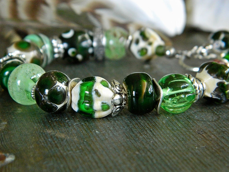 Green Lampwork bracelet Green Bohemian Lampwork bracelet Artisan glass bracelet Rustic Boho beaded bracelet Handmade glass beads,