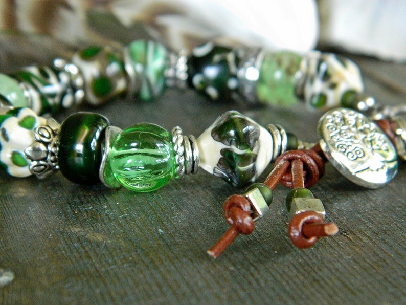Green Lampwork bracelet Green Bohemian Lampwork bracelet Artisan glass bracelet Rustic Boho beaded bracelet Handmade glass beads,