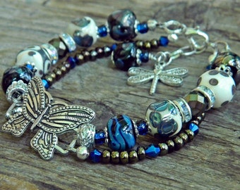 Butterfly bracelet with Metallic Handmade Lampwork beads, Boho chic bracelet with Artisan made Murano glass beads, Art Glass bracelet Moth