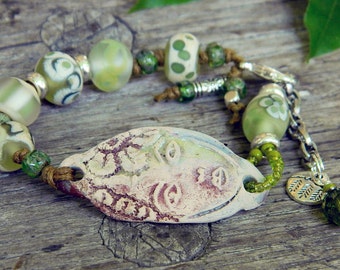 Goddess Boho bracelet with Handmade Lampwork beads, Rustic bracelet with Artisan ceramic connector, Hand knotted bohemian bracelet