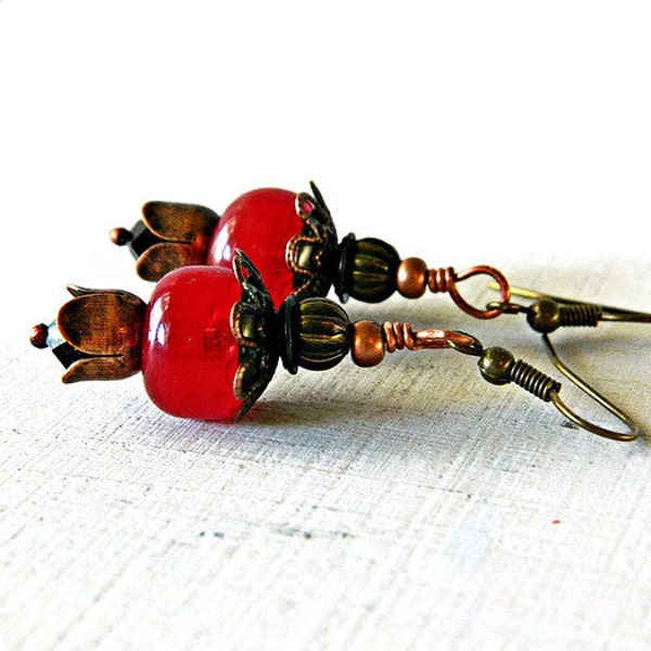 Red Boho Lampwork Earrings, Bohemian glass and copper earrings, Red lampwork earrings, Crimson glass bead earrings, Pomegranate earrings,