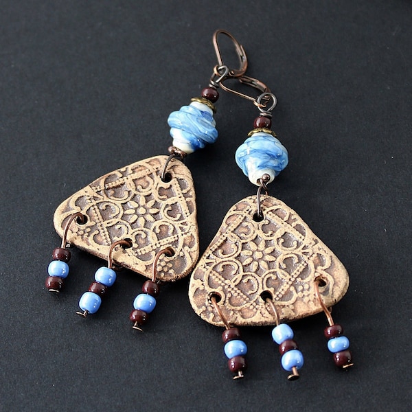 Rustic Artisan Lampwork earrings, Blue Bohemian Tribal earrings, Gypsy dangles with ceramic,beads Boho earrings, Middle ages Jewelry