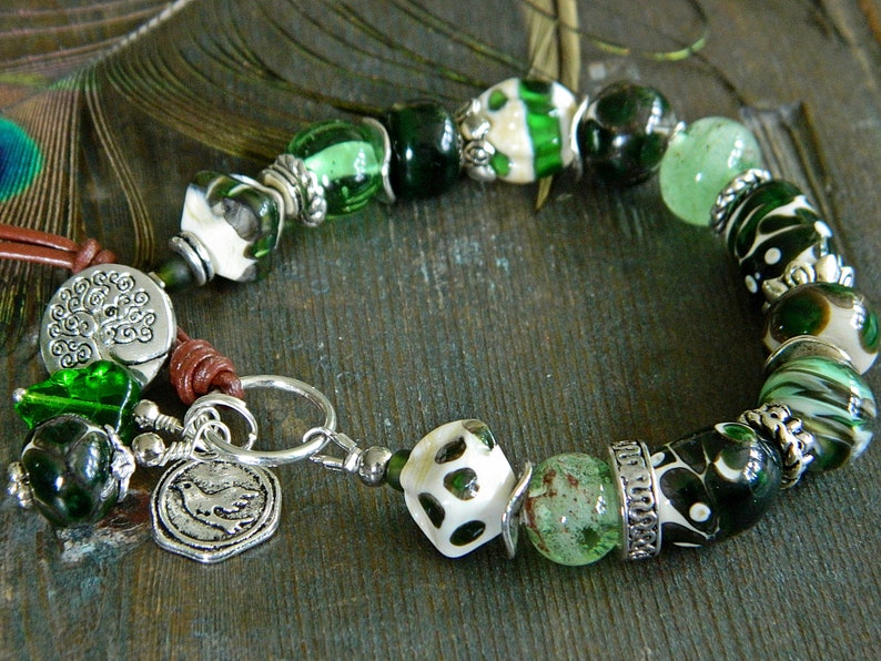 Green Lampwork bracelet Green Bohemian Lampwork bracelet Artisan glass bracelet Rustic Boho beaded bracelet Handmade glass beads,