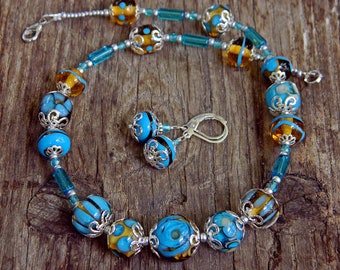 Turquoise Lampwork necklace earrings set, Classic Romantic Handmade Murano glass Artisan made Summer jewelry