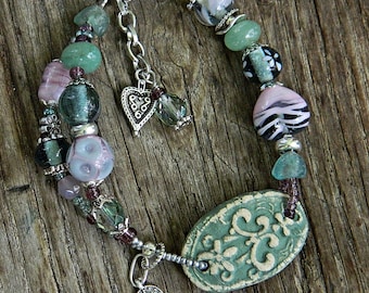 Boho Assemblage bracelet with Murano glass, Pink Gray Bohemian Heart Handmade Lampwork bracelet, Artisan Ceramic bracelet with Aventurine,
