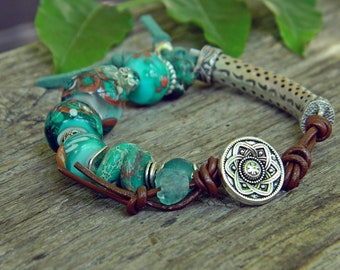 Teal Boho button bracelet with Handmade Lampwork glass beads