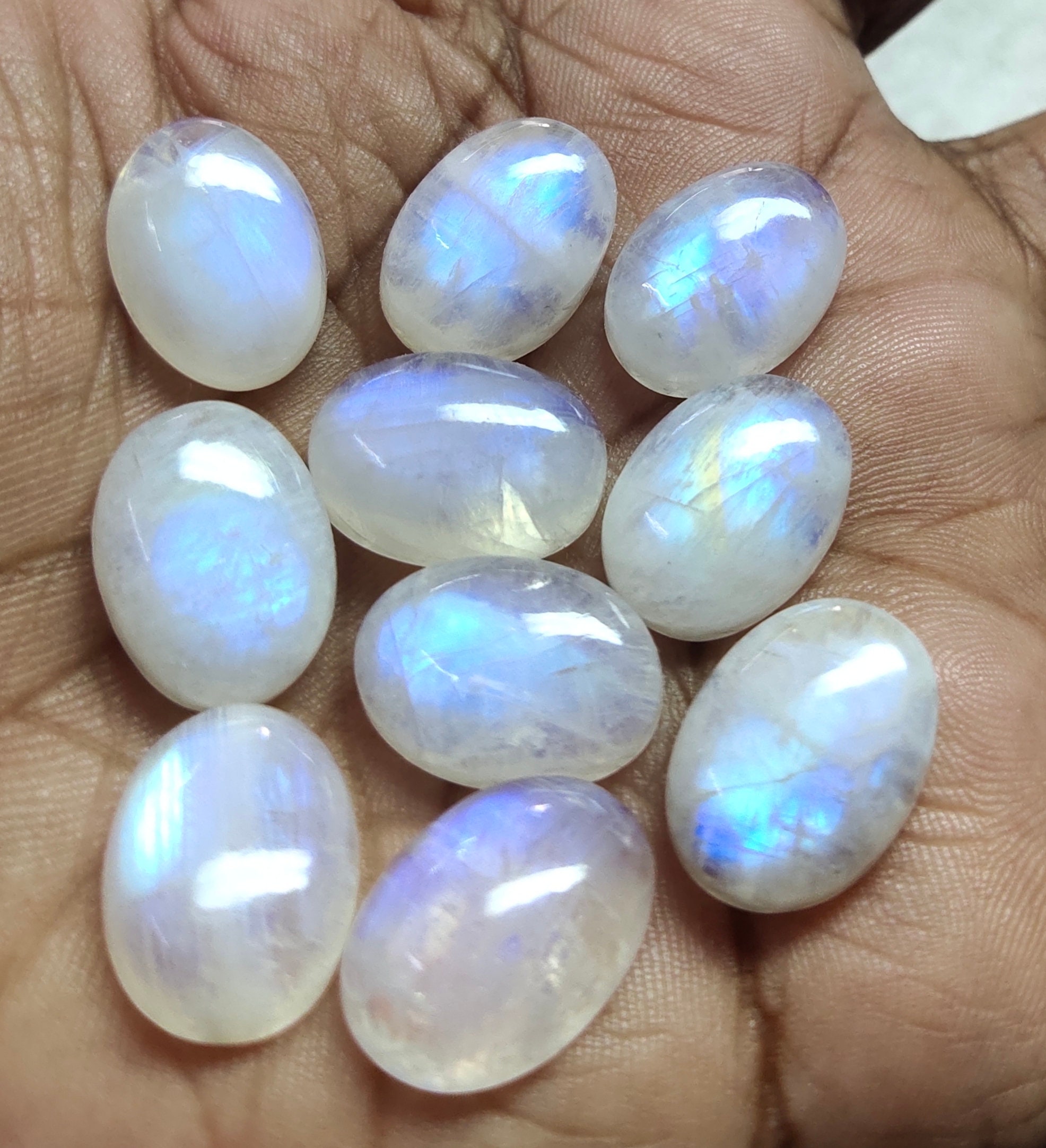 Rainbow Moonstone Cabochon: Oval Flat Back Loose Gemstone (3x5 to 15x20 MM)