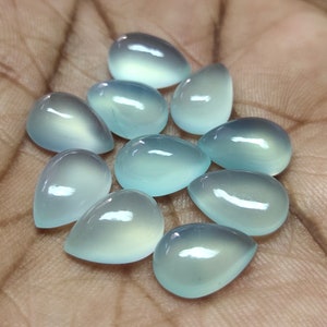 Aqua Chalcedony Pear Cabochons: AAA Grade Gemstones, 10 Pieces
