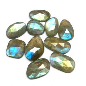 Lot of 10 Pieces Natural Labradorite Blue Flashy Rose Cut Flat Back Loose Gemstone Labradorite Mix Shape Loose Stone for Jewelry Making