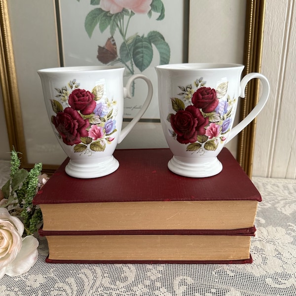 Vintage Coffee Mugs Pair/Bone China Floral Cups