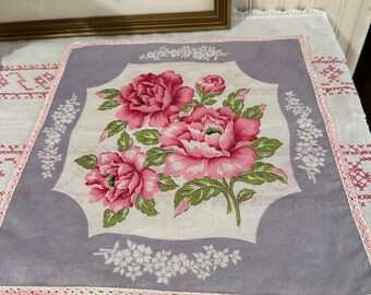Vintage Floral Handkerchief/Mid Century Hankie Crocheted Trim