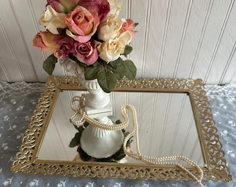 Vintage Vanity Mirror/Upcycled Framed Mirror/Footed Mirrored Tray