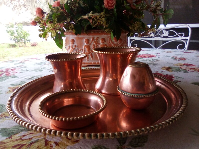 Antique Solid Copper Vanity Set Desk S Sternau And Co New York Brass Vintage