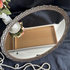Vintage Vanity Mirror/Large Oval Mirrored Perfume Tray 18 3/4”
