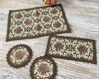 Brocade Doily Set/Antique Tapestry Furniture Doilies/4 Pieces