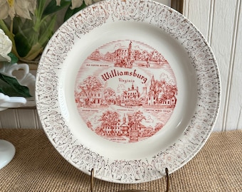 Vintage Virginia Souvenir Plate/Williamsburg VA/Red Transferware Cabinet Plate