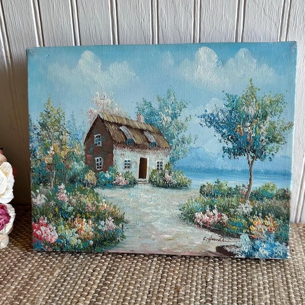 Vintage Original Oil Painting/Unframed/English Cottage/Signed C Hunter