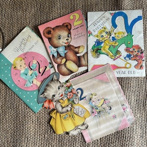 Lote de cartões comemorativos vintage/2º aniversário de bebê/Cartões de aniversário dos anos 1940/Scrapbooking/Artesanato/5 peças