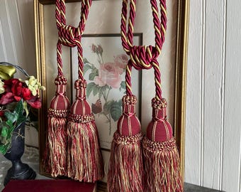 Vintage Drapery Tassel Tieback Pair/Double Tassel Red and Gold