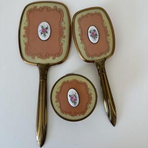 Vintage Vanity Set/Antique French Brush Mirror Jar Set/Guilloche Vanity Set 3 Pieces