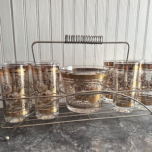 Vintage Culver Starlyte 22K Gold Barware Set: Highballs, Ice Bucket & Caddy