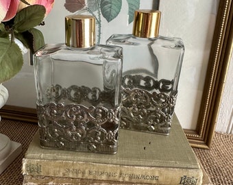 Vintage Perfume Bottle/Glass Bottle with Metal Overlay/Two Available/Sold Separately