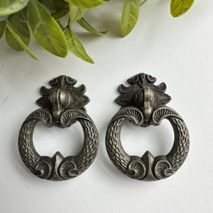 May include: Two matching circular metal drawer pulls with an antique brass finish. Each pull features a decorative mounting plate with a leaf-like design at the top and a textured, scale-like pattern along the bottom of the ring handle.