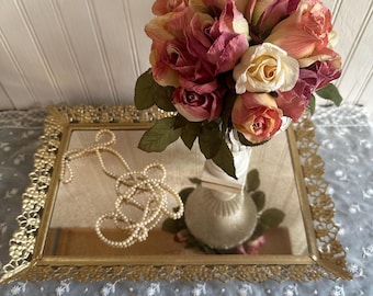 Vintage Vanity Mirror/Upcycled Framed Mirror/Footed Mirrored Tray