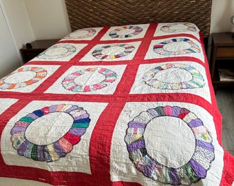 Vintage Dresden Plate Feed Sack Quilt 88x67 (As Is)