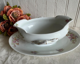 Vintage Gravy Boat on Underplate/Pink Roses/M & Z Austria
