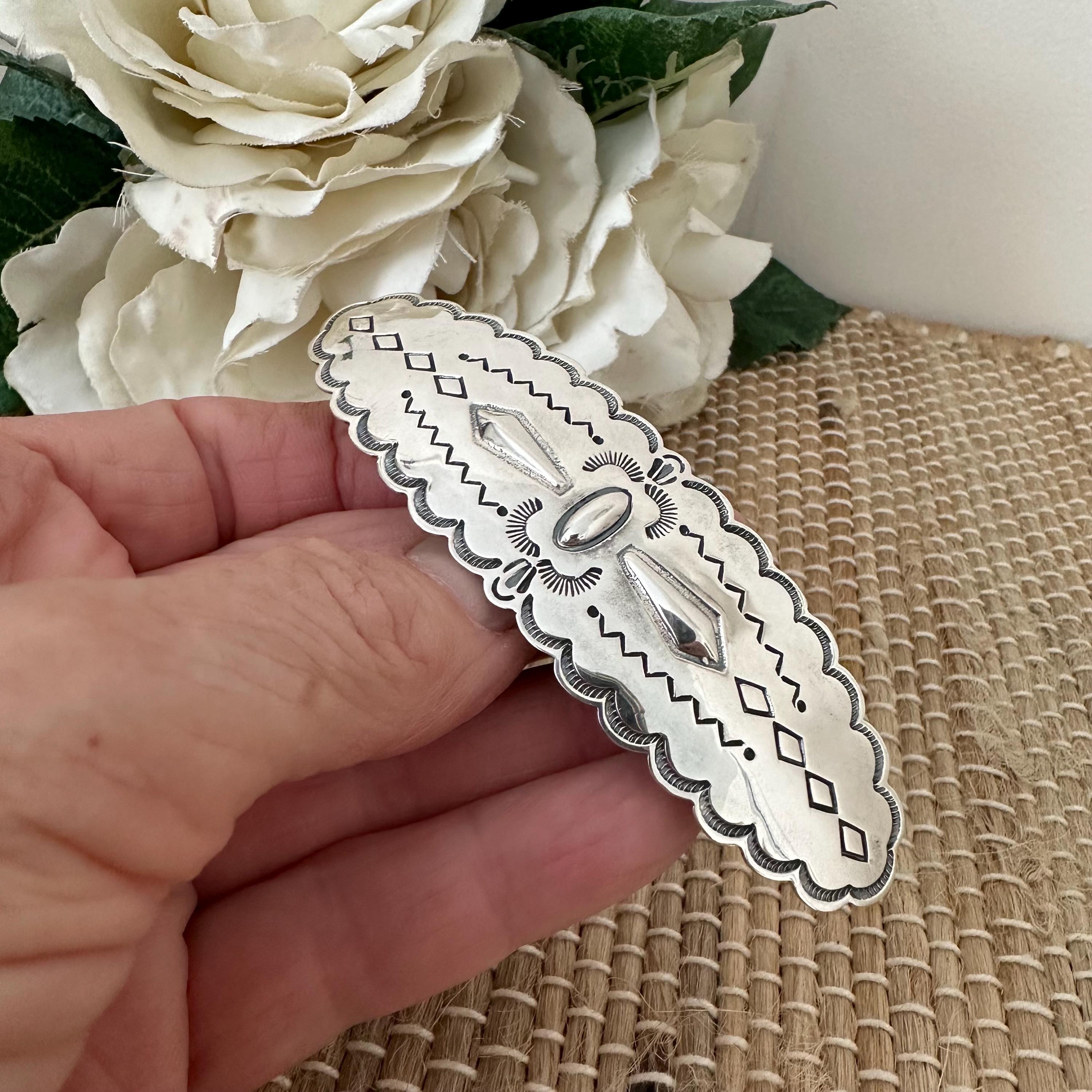 Vintage Navajo Sterling Silver Hand-Stamped Hair Barrette 3.5\