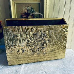 Vintage Hammered Brass Magazine Holder: MCM Fireplace Kindling Storage