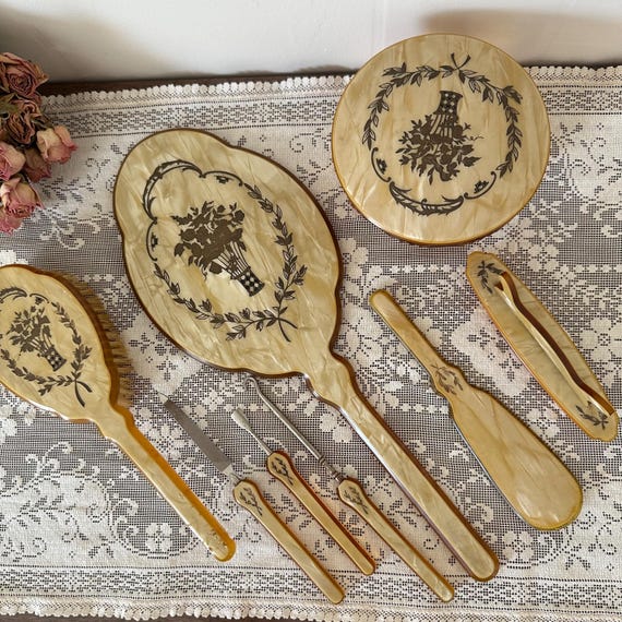 Antique celluloid vanity set , mirror and brush , Antique Celluloid Vanity Set - 5 Piece - Early 1900s  main image 4