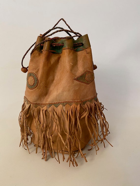 1960s Leather Fringe Drawstring Pouch Bag