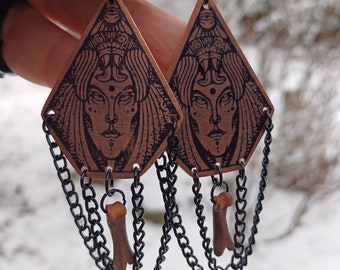 Pendientes de cobre de alta sacerdotisa-joyería hecha a mano, joyería de hueso, joyería natural, medieval, punk, gótico, fin de los tiempos, pendientes de bruja