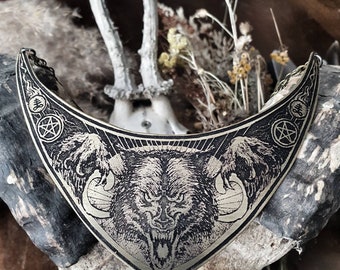Gran collar de lobo grabado-joyería de latón, collar de gran tamaño, lobo, pentagrama, gótico, fin de los tiempos, ocultismo, joyería de brujas
