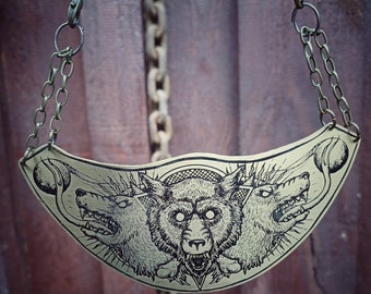 Gran collar de lobo grabado joyería de latón, collar de gran tamaño, lobos, gótico, fin de los tiempos, ocultismo, joyería de brujas