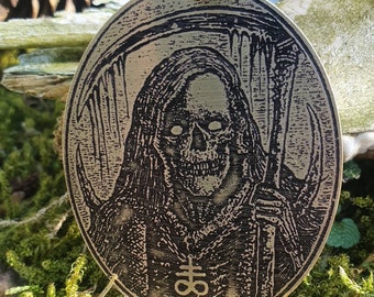 Grim Reaper Collar-Colgante de cadena grabada hecha a mano-Gótico, Punk, Joyería de brujas, Ocultismo, Satán, Fin de los Tiempos, Joyería de metal, Metal negro