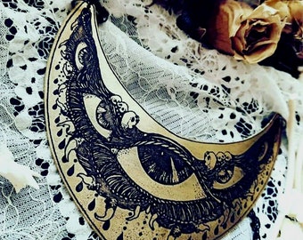 Joyería de latón grabada con collar de ojos grandes, collar de gran tamaño, joyería para ojos, gótico, fin de los tiempos, ocultismo, joyería de declaración, joyería de brujas