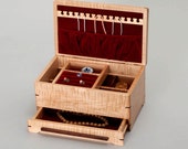 Large Jewelry Box for Women, Jewelry Box with Necklace Hanger, Ring Holder and Drawer. Curly Maple w/ Flame Eye Maple Lid. S/N 0316-015-002