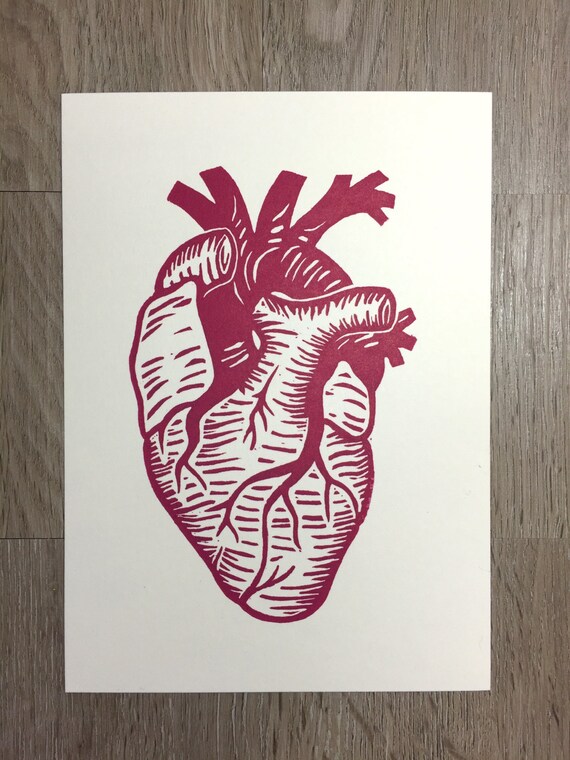 Items similar to Anatomical Heart Linocut Print 5x7'' in dark pink