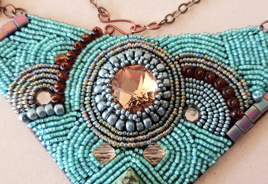 Seed Bead Bib Necklace Featuring Turquoise and Swarovski Etsy