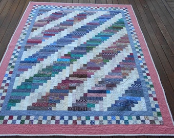 Log Cabin, Straight Furrows Quilt.  Gorgeous Fabrics.  Provenance.  Nice Condition.  81 - 67