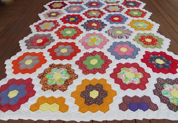 Bold And Colorful Grandmothers Flower Garden Quilt From Missouri 90 X 70 - 